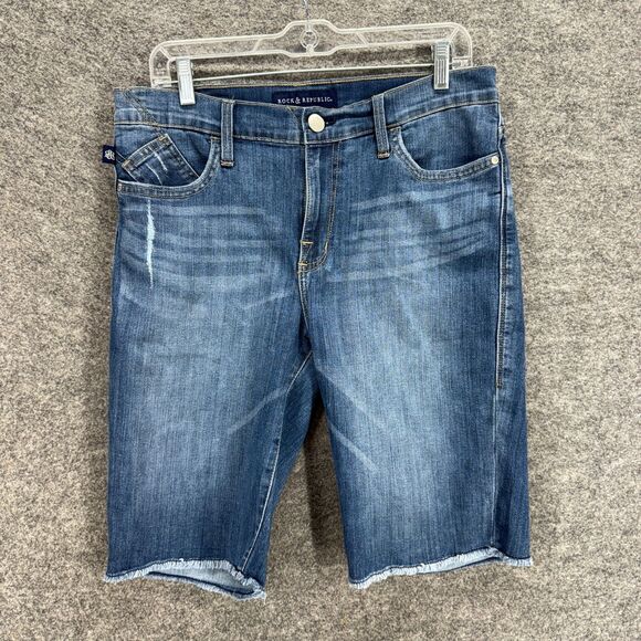 Rock & Republic Shorts Women 14 Blue Denim Medium Wash Cut Off High Rise Pockets - Picture 1 of 9